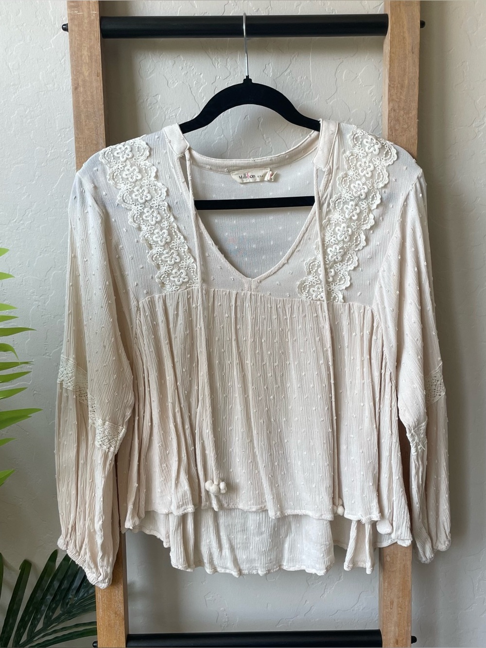 Millibon Cream Lace-Trim Peasant Tunic Top